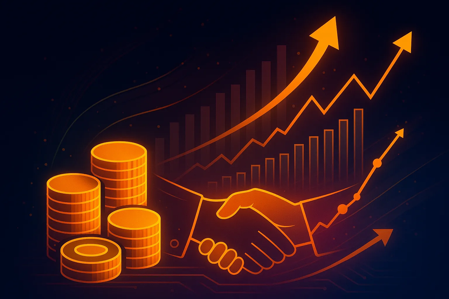 Coins, handshake and rising charts