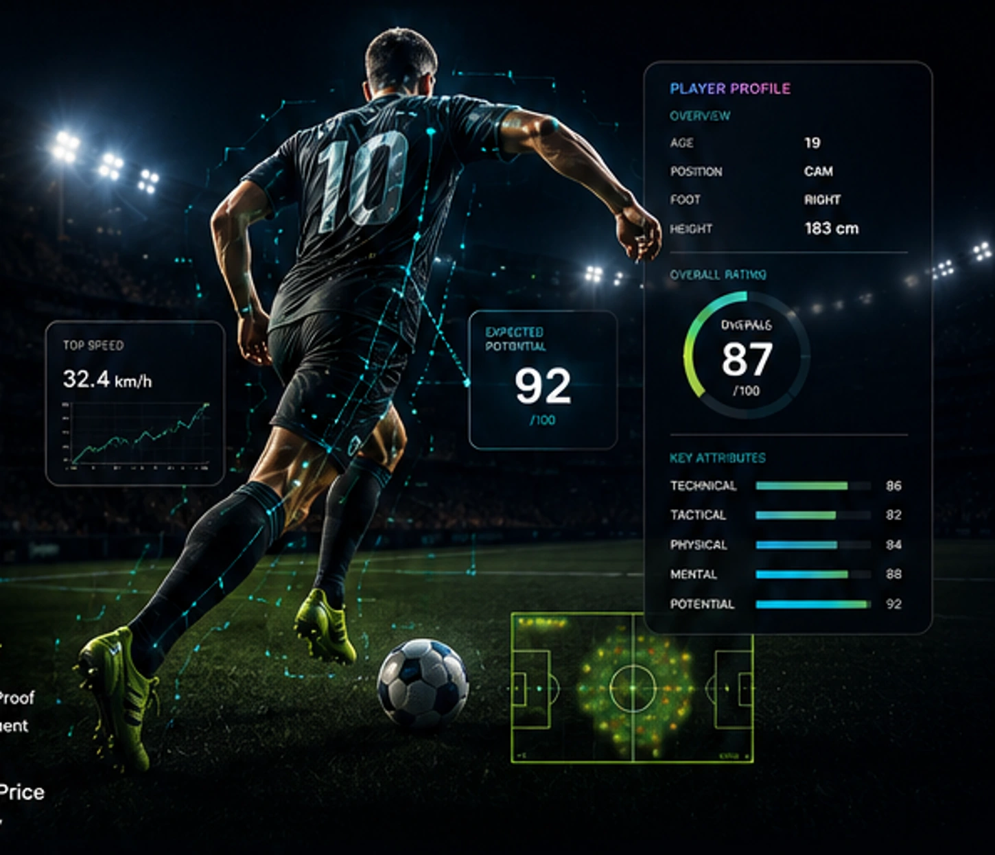 Professional football player with sports analytics and AI scouting overlays
